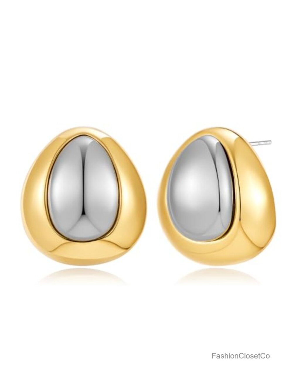 Gold Plated Two Tone Chunky Teardrop Stud Earrings Mixed Metal